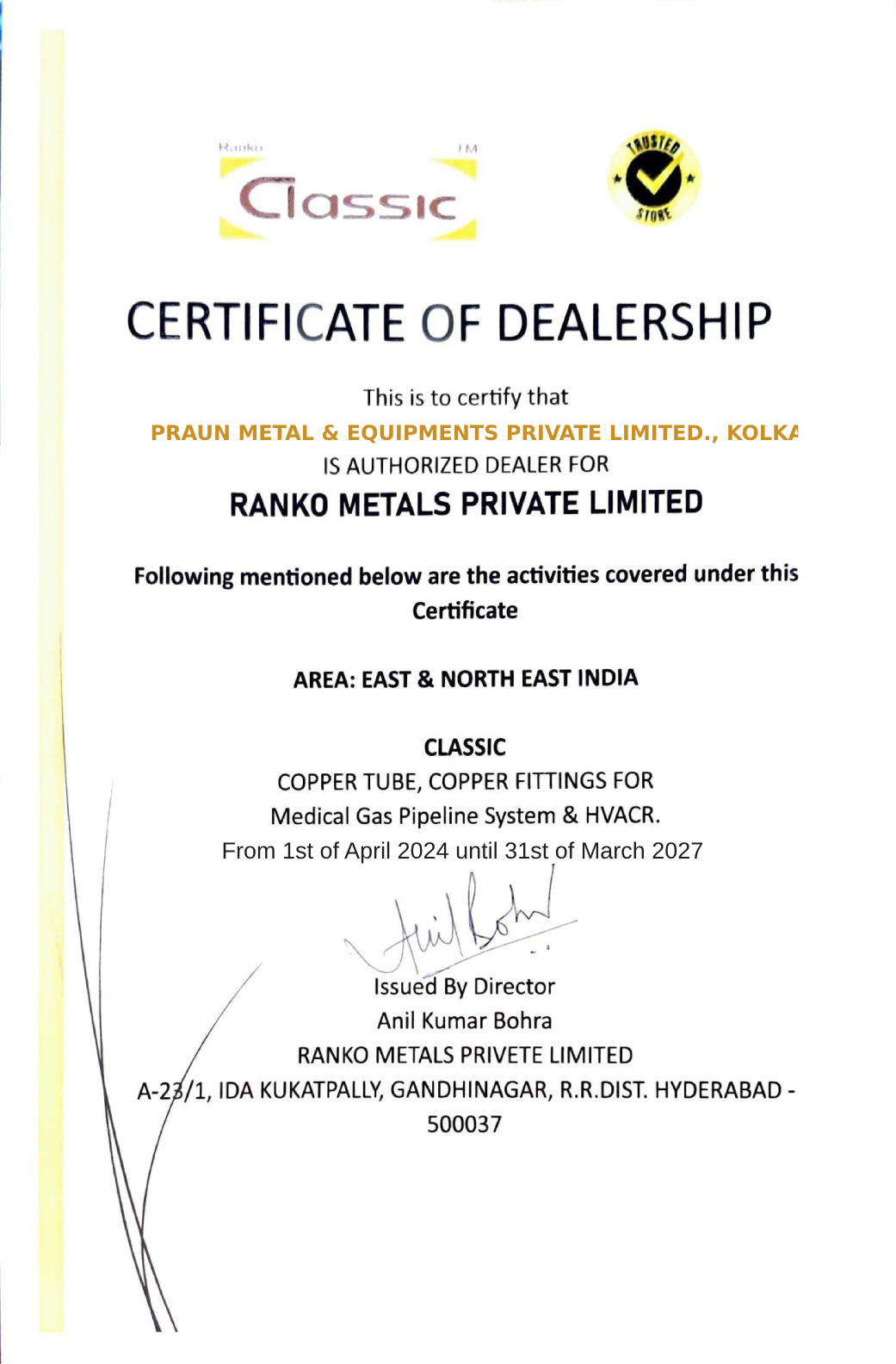 The CLASSIC Certificate of Dealership
