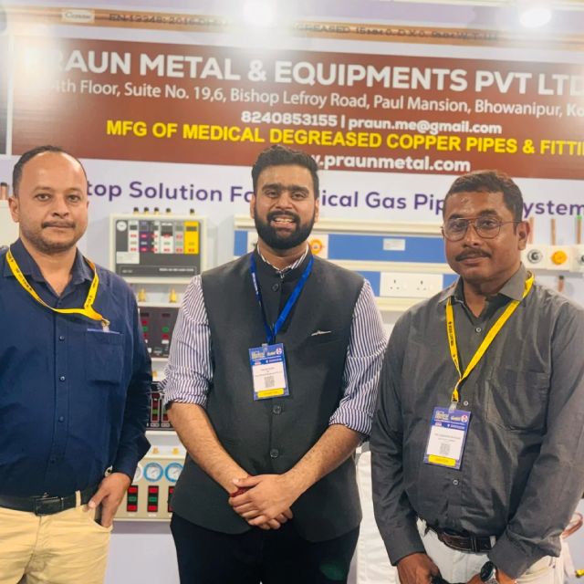Praun Metal team showcasing medical gas pipeline system solutions and hospital gas equipment at a healthcare exhibition in Guwahati